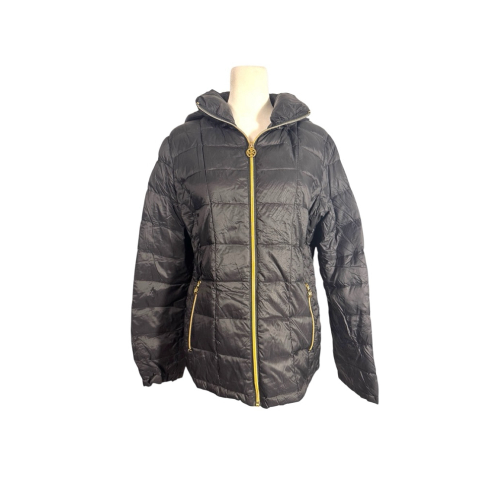 Michael Kors Size M Packable Down Filled Black zip up puffer jacket Hood & Bag
